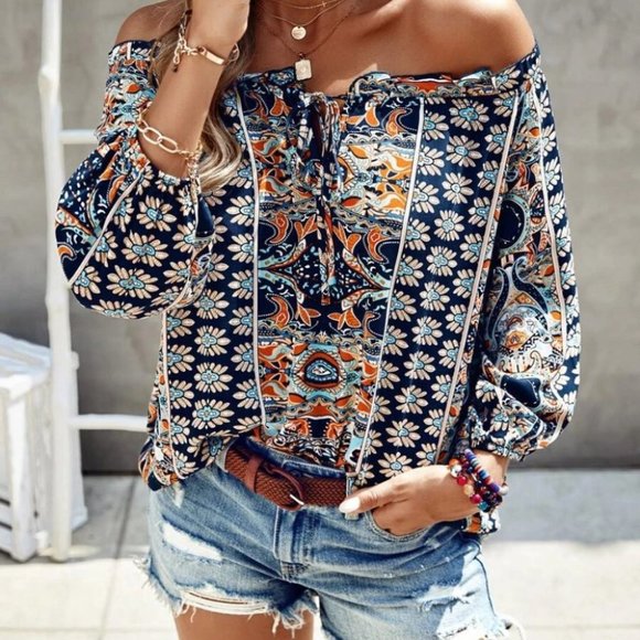 Boho Floral Print Off Shoulder Blouse multi color  blue - Picture 3 of 4